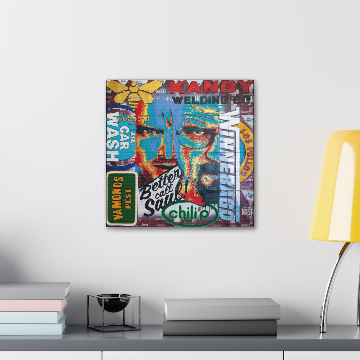 A colorful canvas print featuring characters and references from the TV show Breaking Bad.