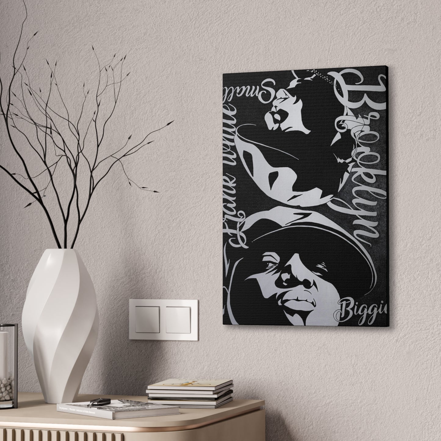 Biggie canvas gallery wrap featuring a black and white portrait of the rapper.