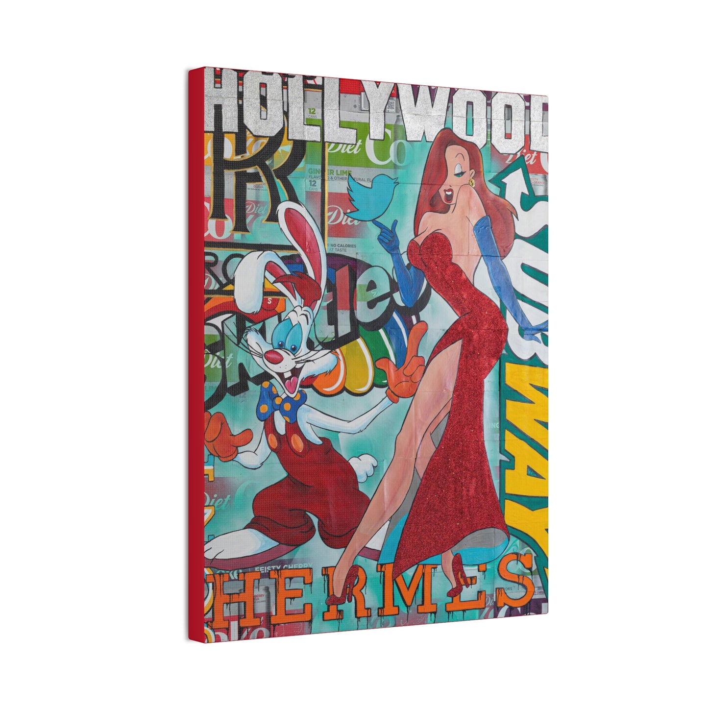 A canvas print features Roger and Jessica Rabbit on a colorful, graffiti-style background.