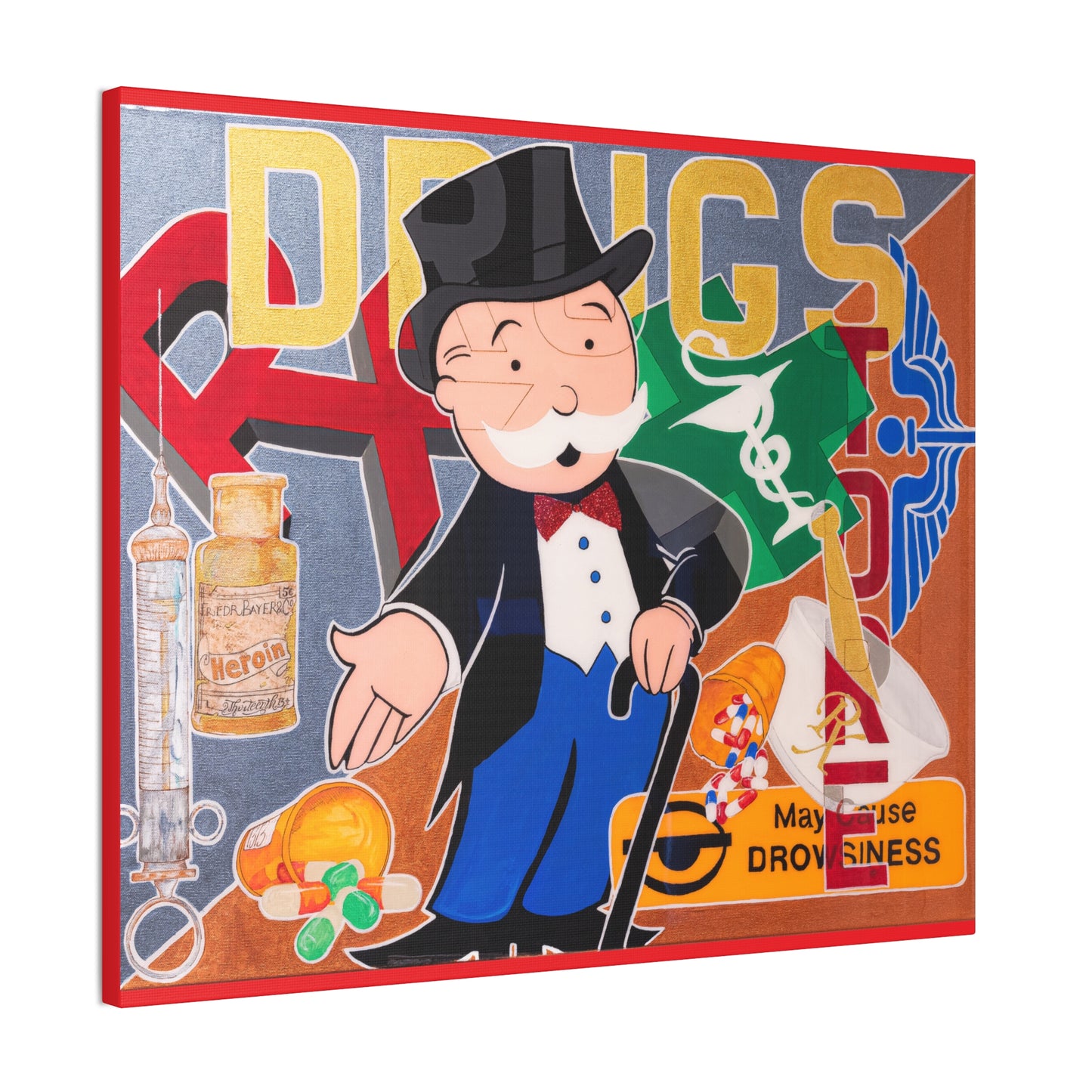 A canvas print features a Monopoly man surrounded by drug-related imagery.