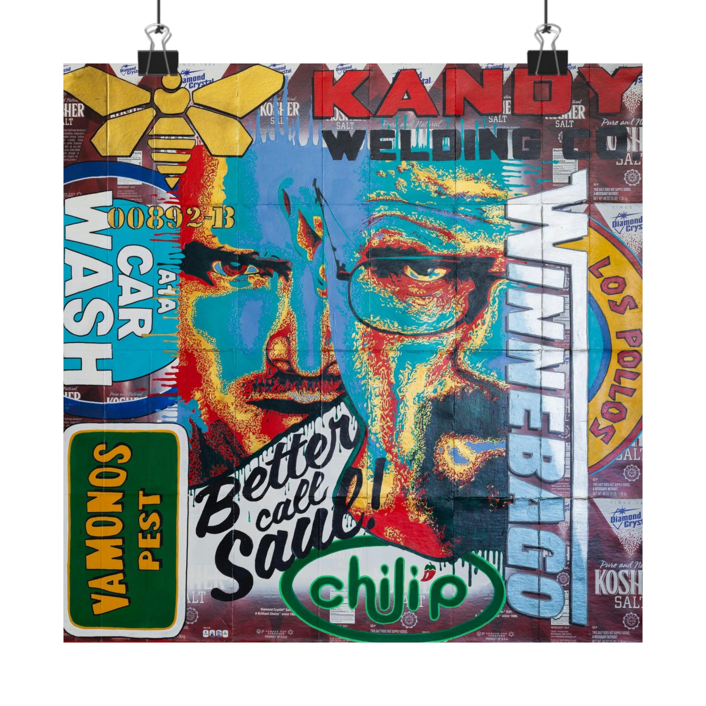 A colorful Breaking Bad poster features Jesse Pinkman and Walter White with show references.