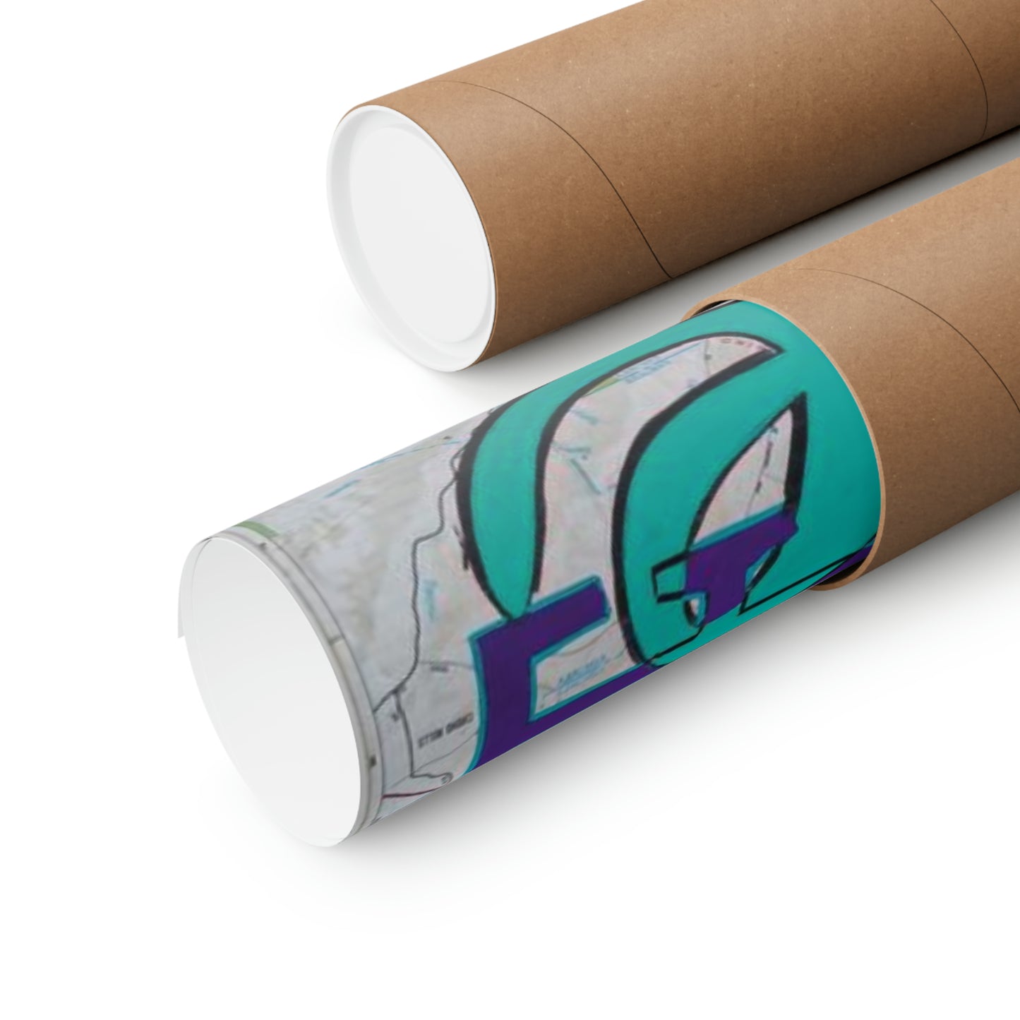 Two brown poster tubes, one open and revealing a rolled poster with teal and purple art.