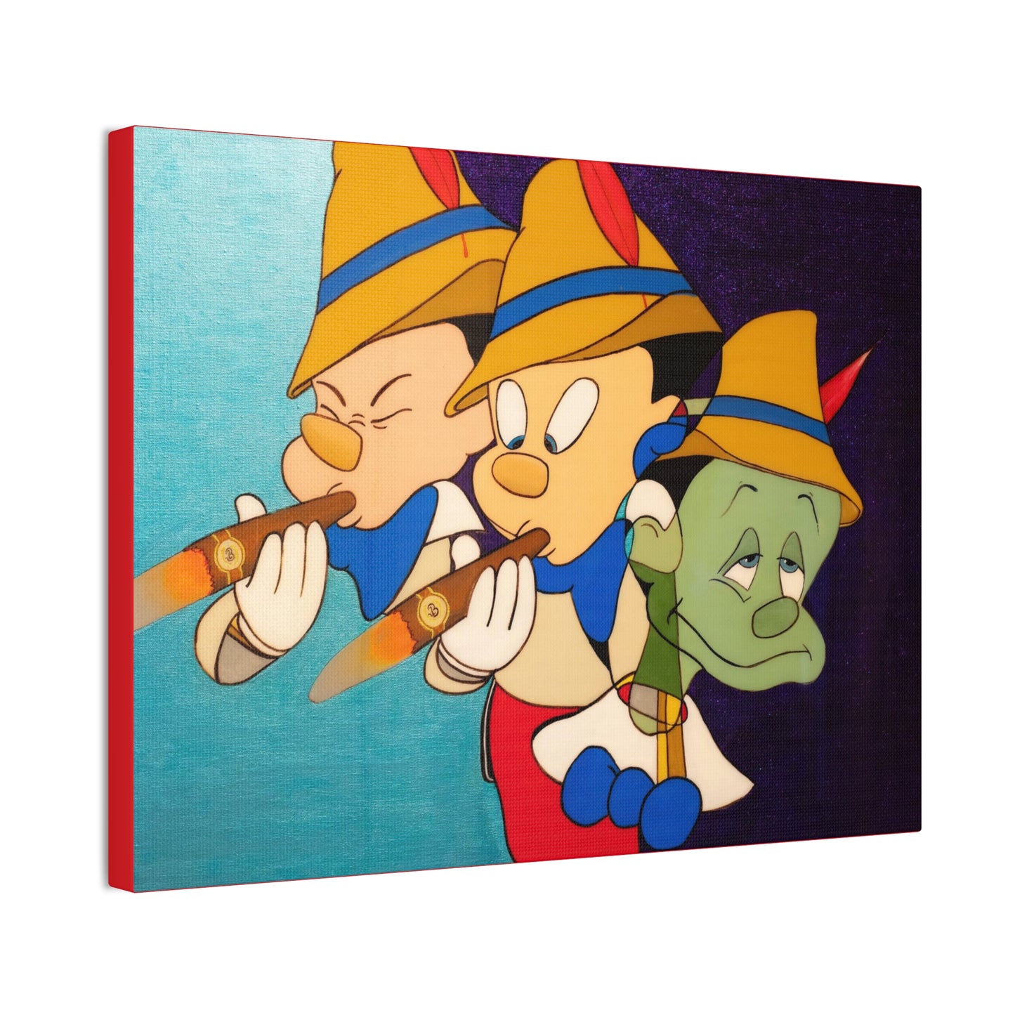 A canvas gallery wrap depicts three Pinocchio-like figures smoking cigars.