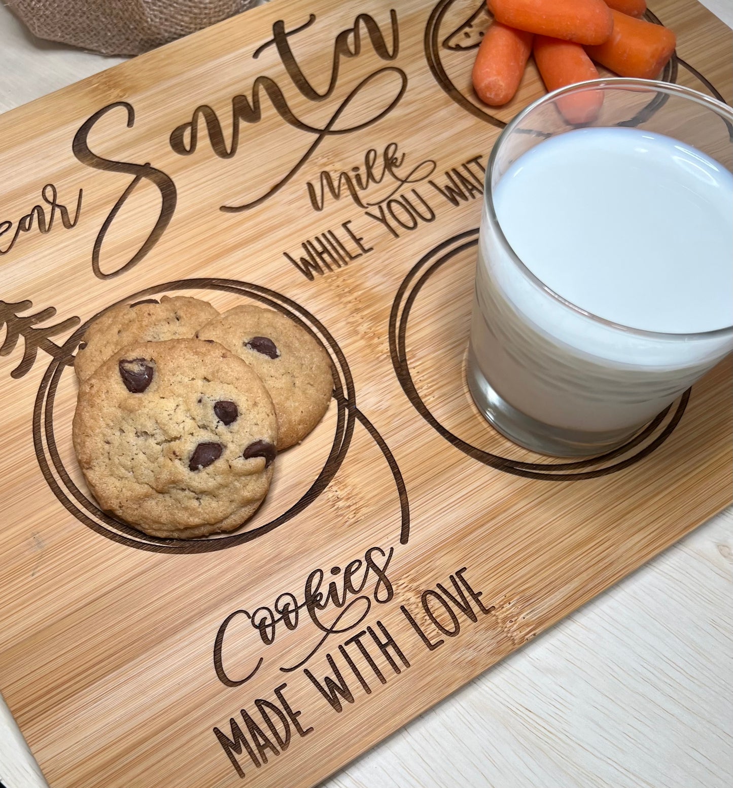 Engraved bamboo tray with cookies, milk, and carrots for Santa.