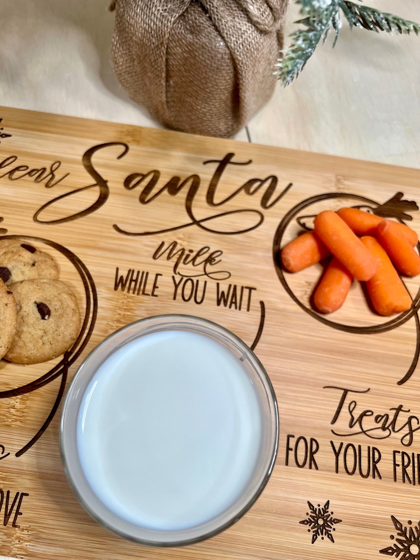 Engraved bamboo tray with cookies, milk, and carrots for Santa.