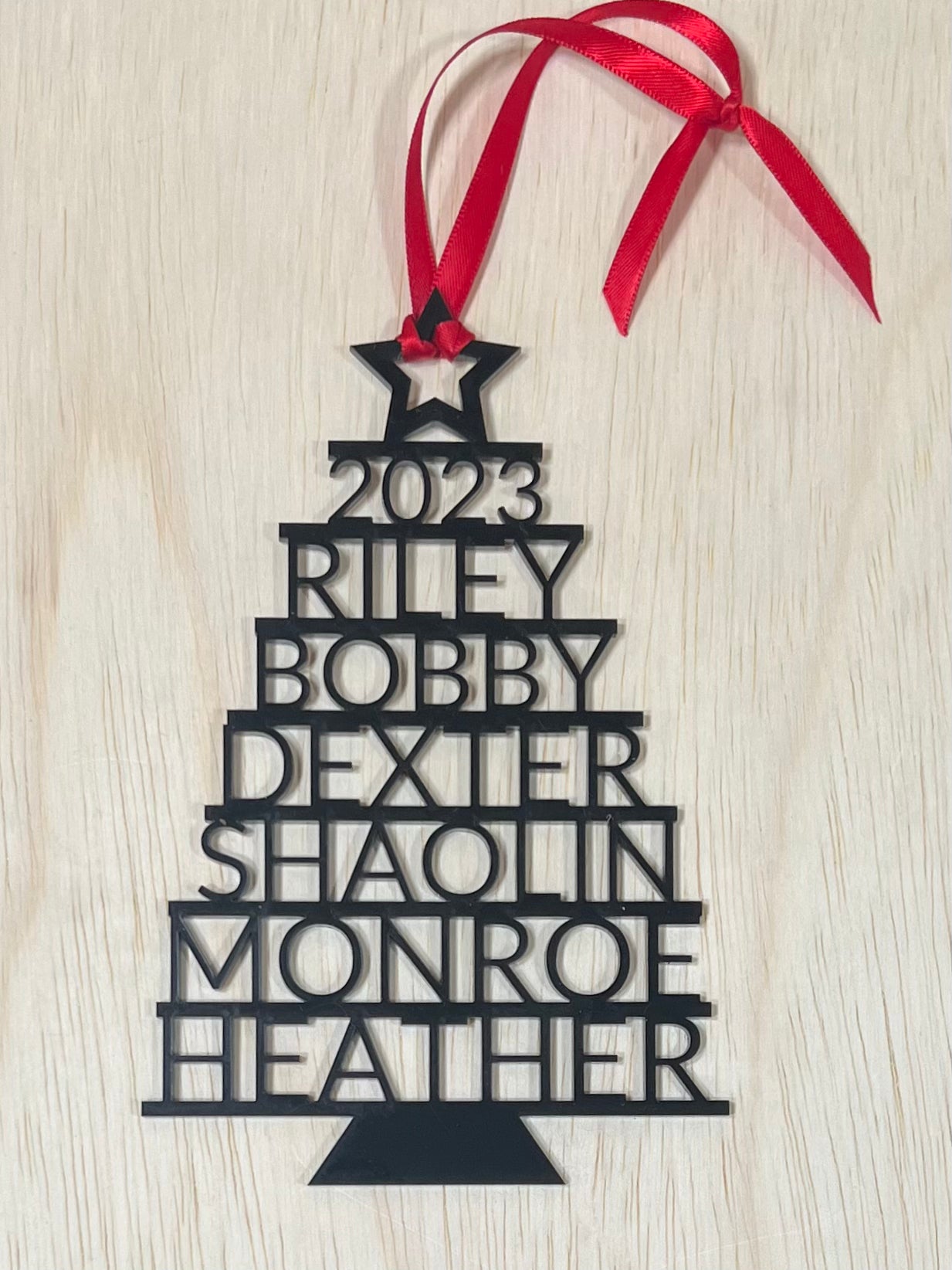 A black Christmas tree ornament with "2023" and seven names stacked vertically, hung by a red ribbon.