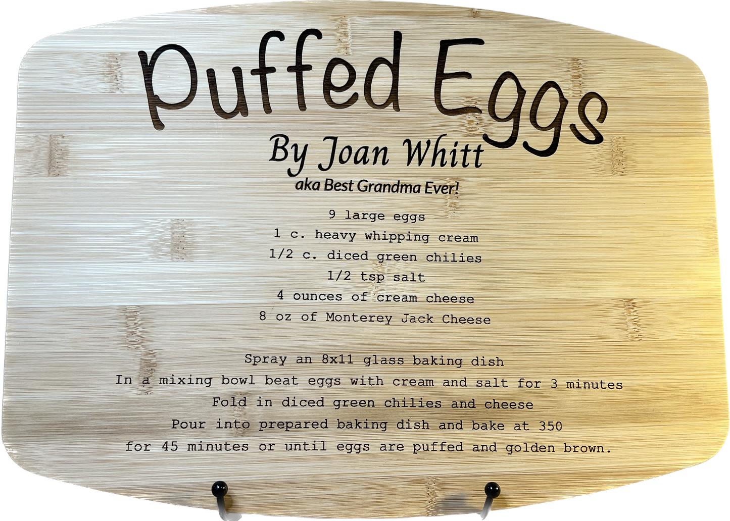 Recipe engraved bamboo board with a display stand.