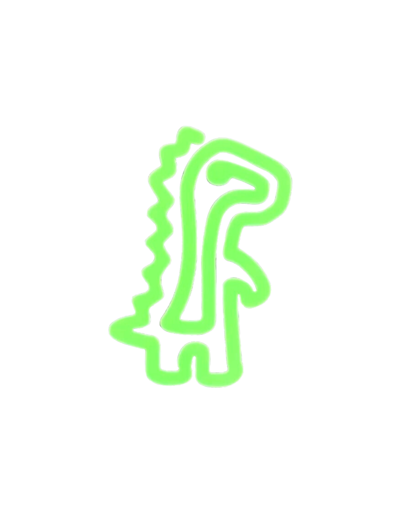 A neon green dinosaur-shaped outline glows against a black background.