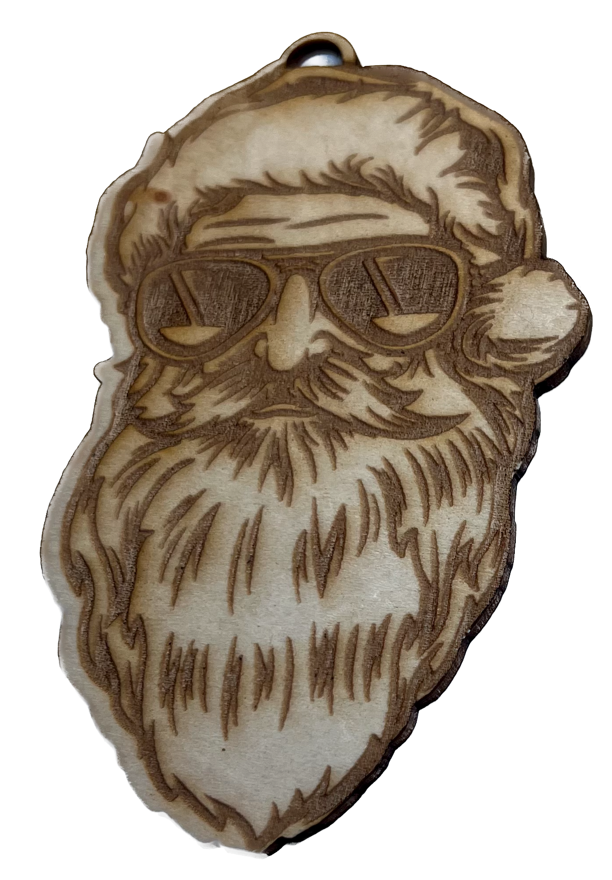 Wooden ornament of Santa Claus wearing sunglasses.