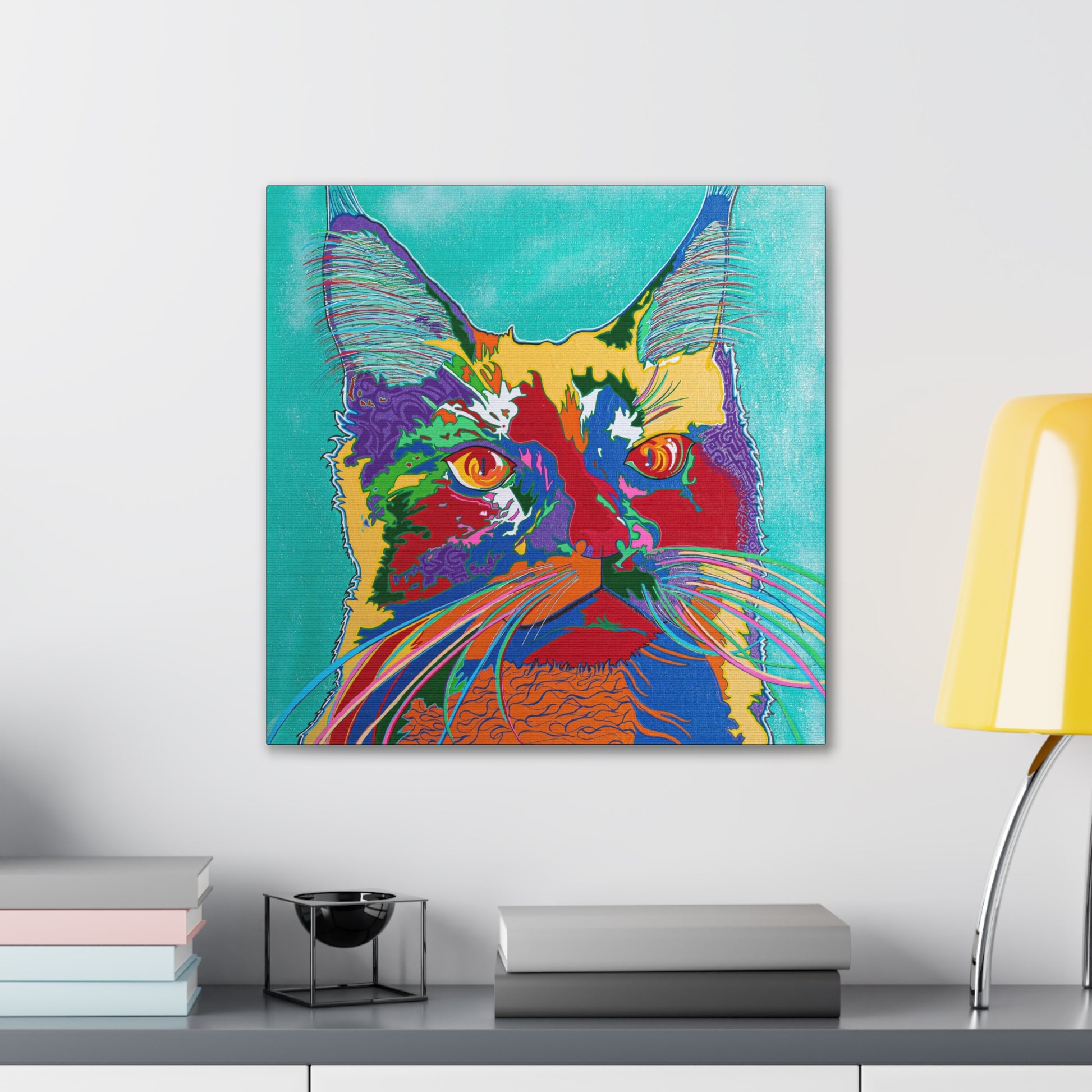 A vibrant pop art style cat portrait on a canvas gallery wrap.