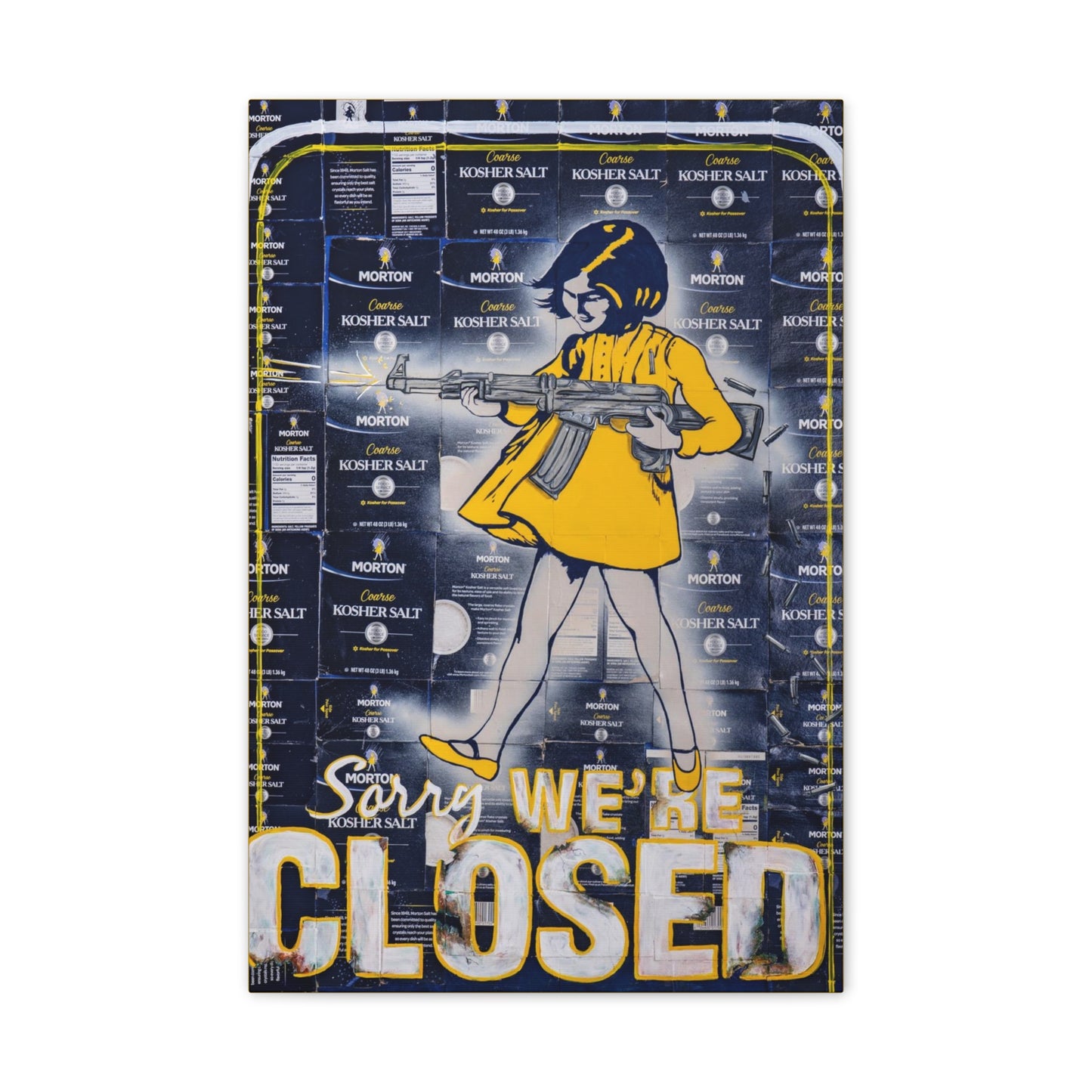 A canvas gallery wrap features a girl with a rifle over a "Morton Kosher Salt" background.