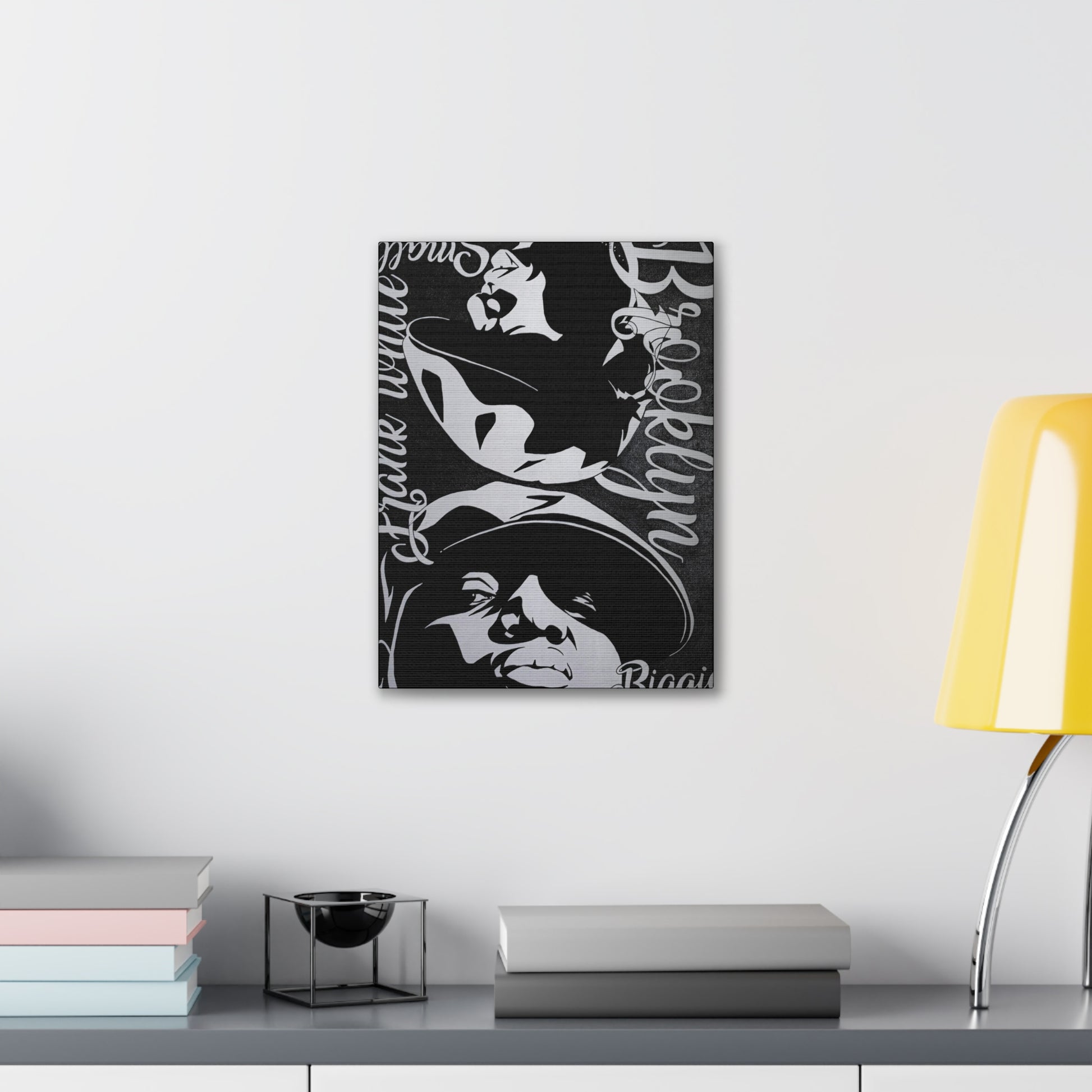 A black and white canvas print featuring Biggie Smalls and text.