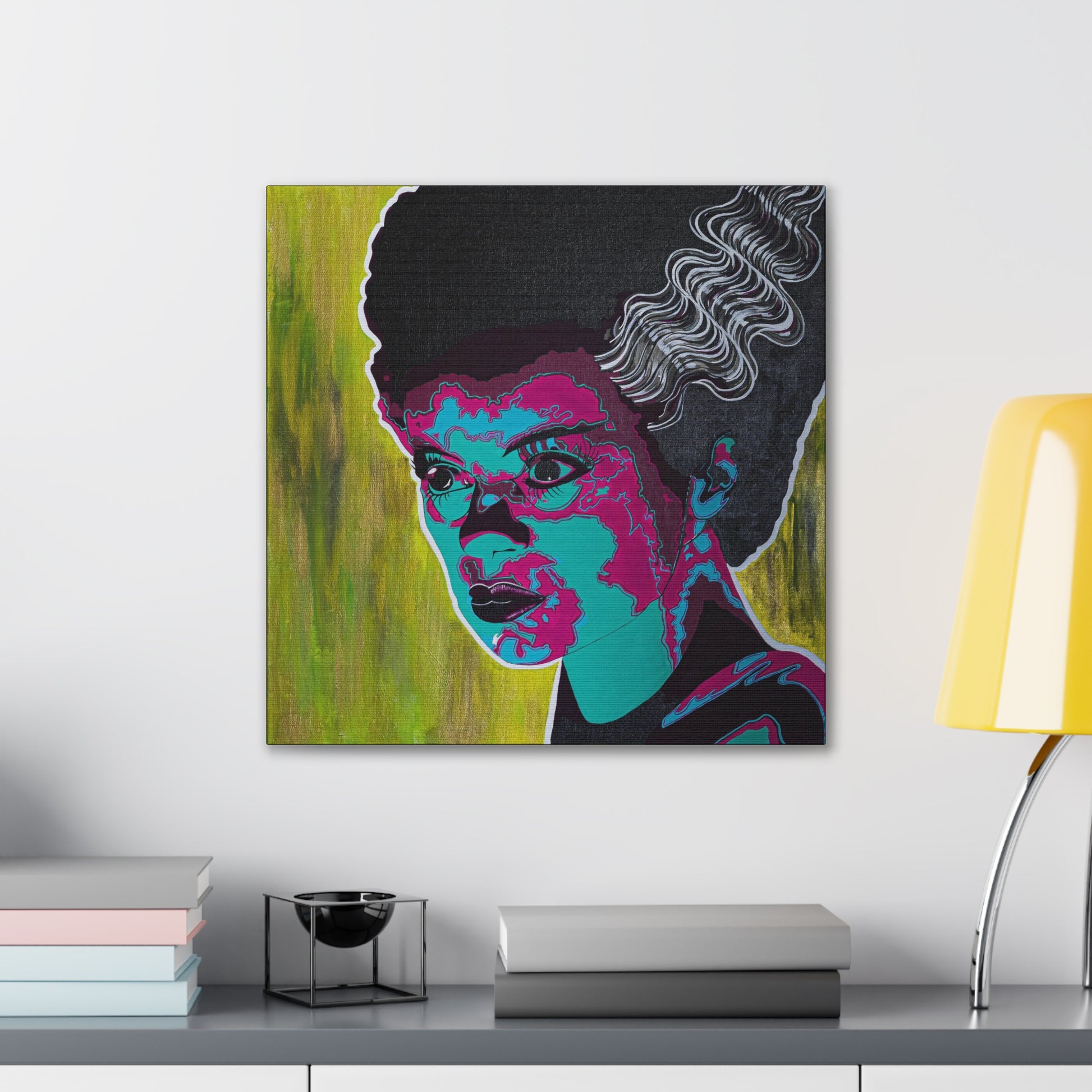 A canvas print titled "Franky's Bride" featuring a woman with black hair and colorful facial details.