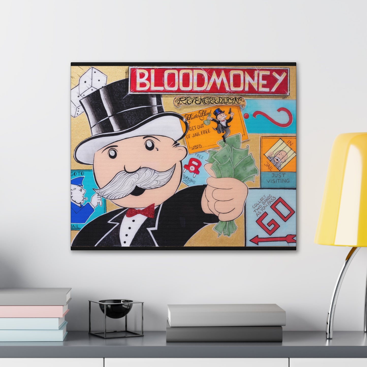 A canvas print depicts a Monopoly-inspired scene with "BLOODMONEY" at the top.