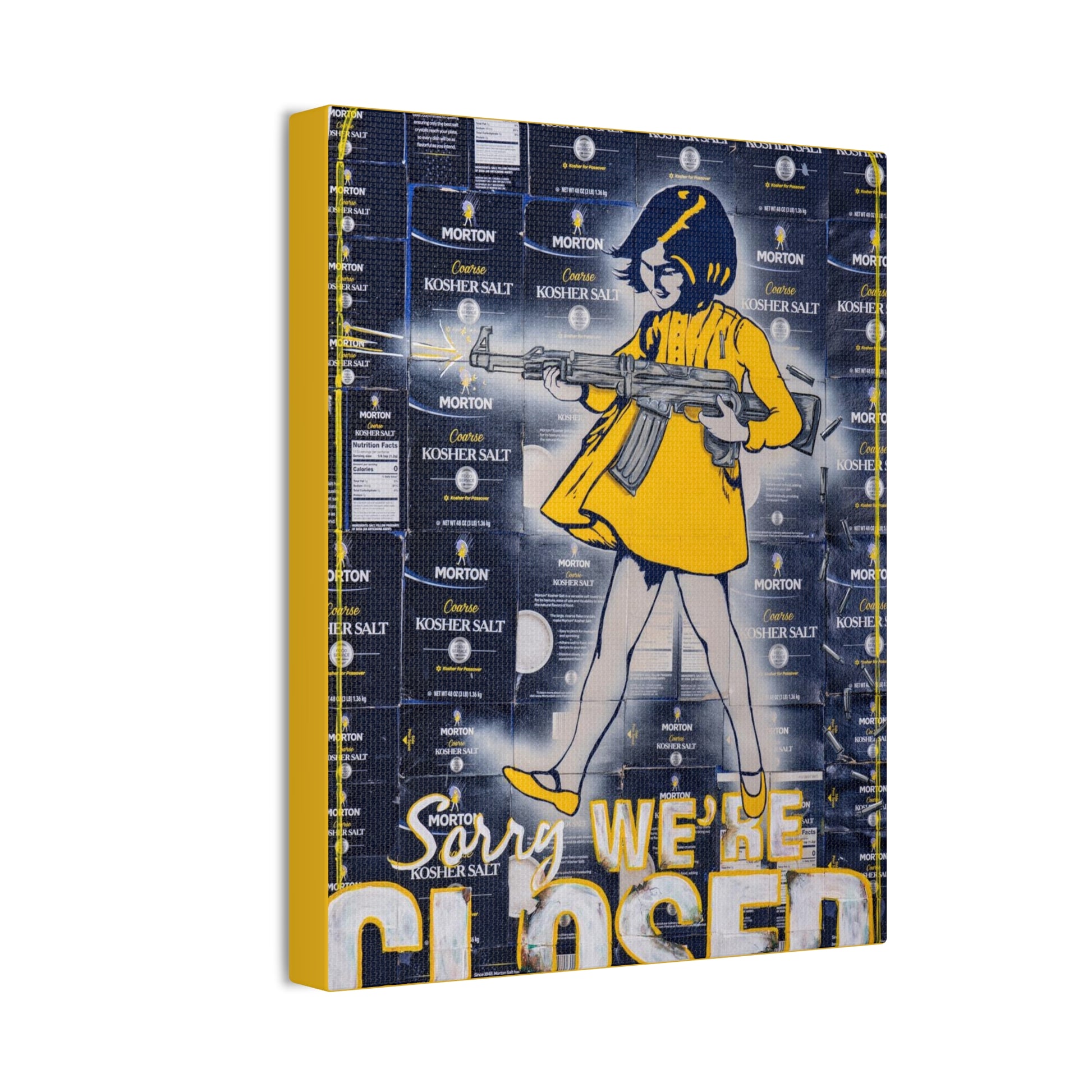 A canvas gallery wrap features a girl in a yellow dress holding a rifle, with "Sorry, We're Closed" text.