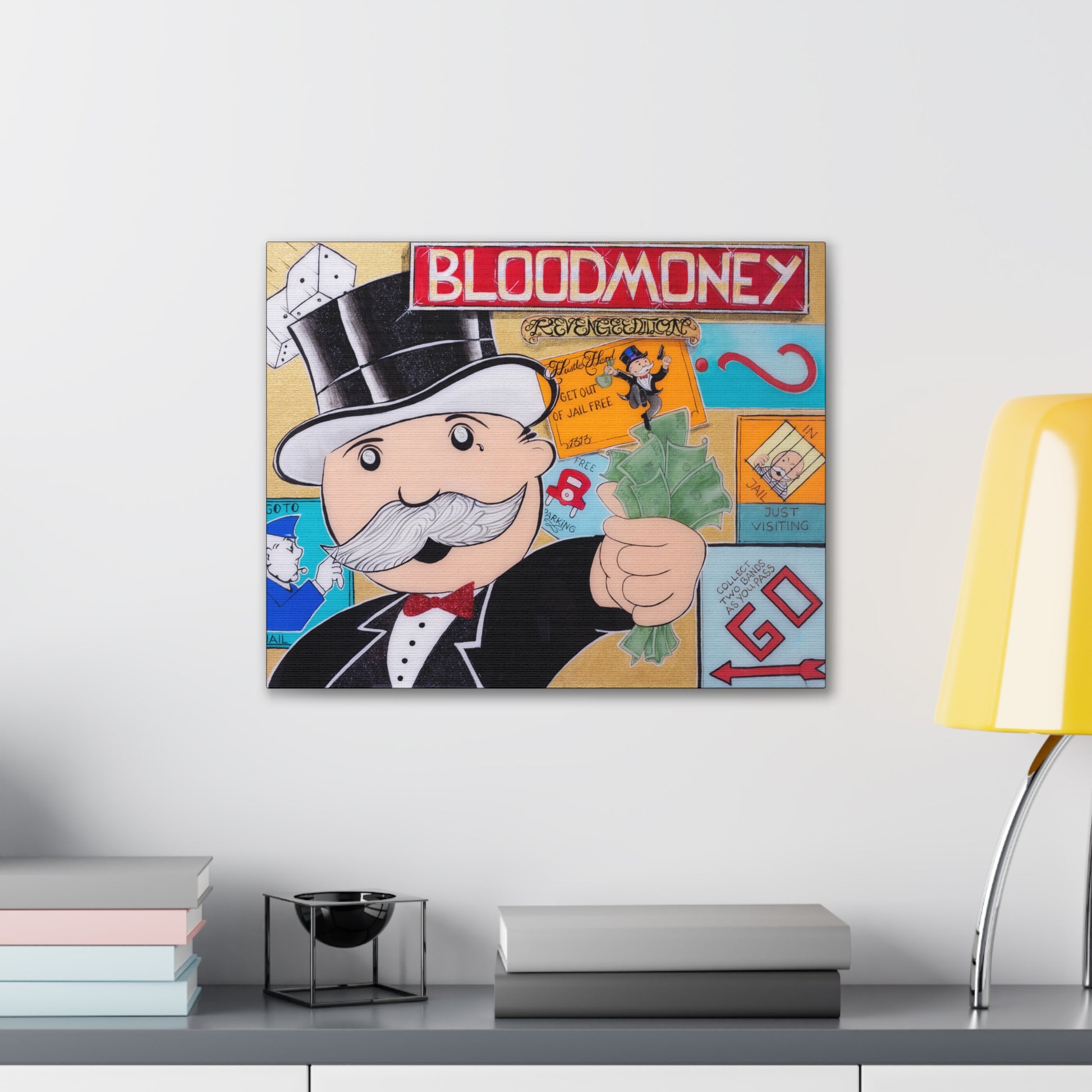 A canvas gallery wrap featuring a Monopoly-inspired design with "BLOODMONEY" at the top.