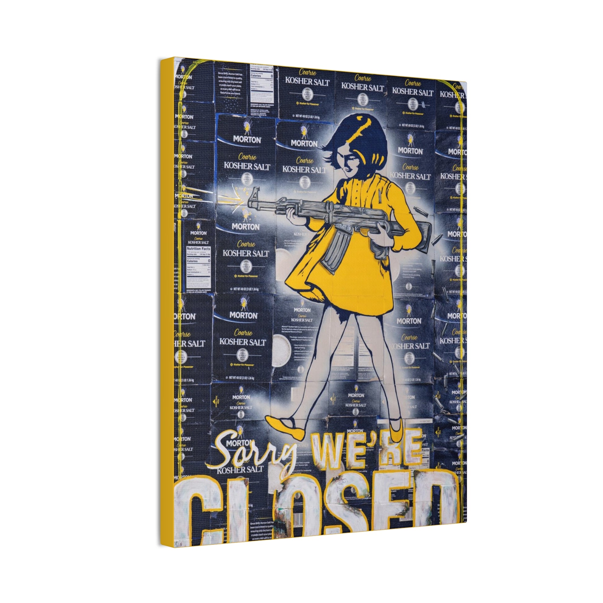 A canvas print features a girl with a rifle over a background of salt boxes, with "Sorry, We're Closed" at the bottom.