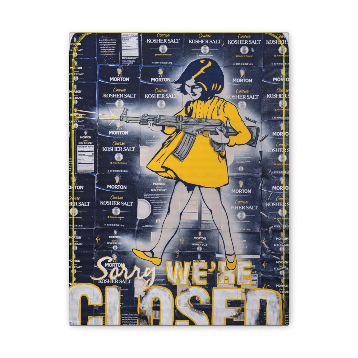 A canvas gallery wrap features a girl holding a rifle over Morton Kosher Salt boxes.