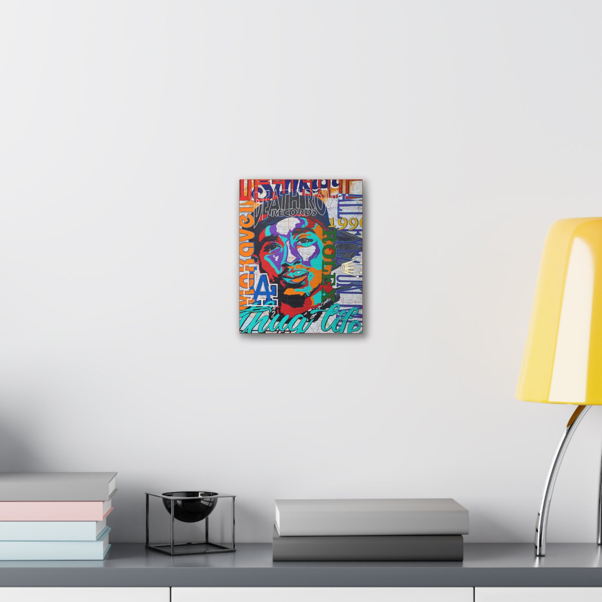 A colorful canvas gallery wrap featuring a stylized portrait of a man.
