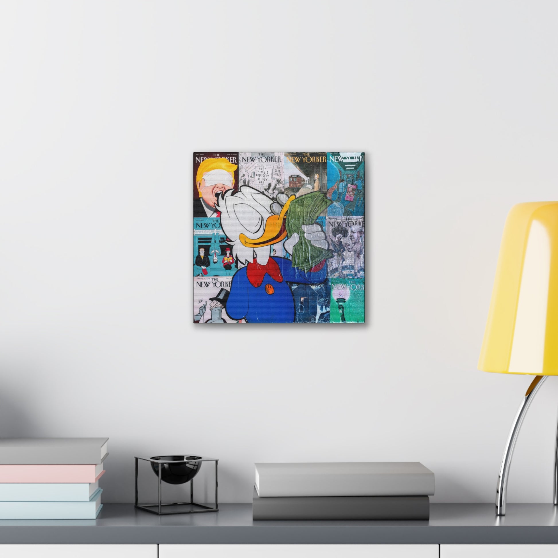 A canvas gallery wrap featuring a collage of New Yorker covers, including Scrooge McDuck.