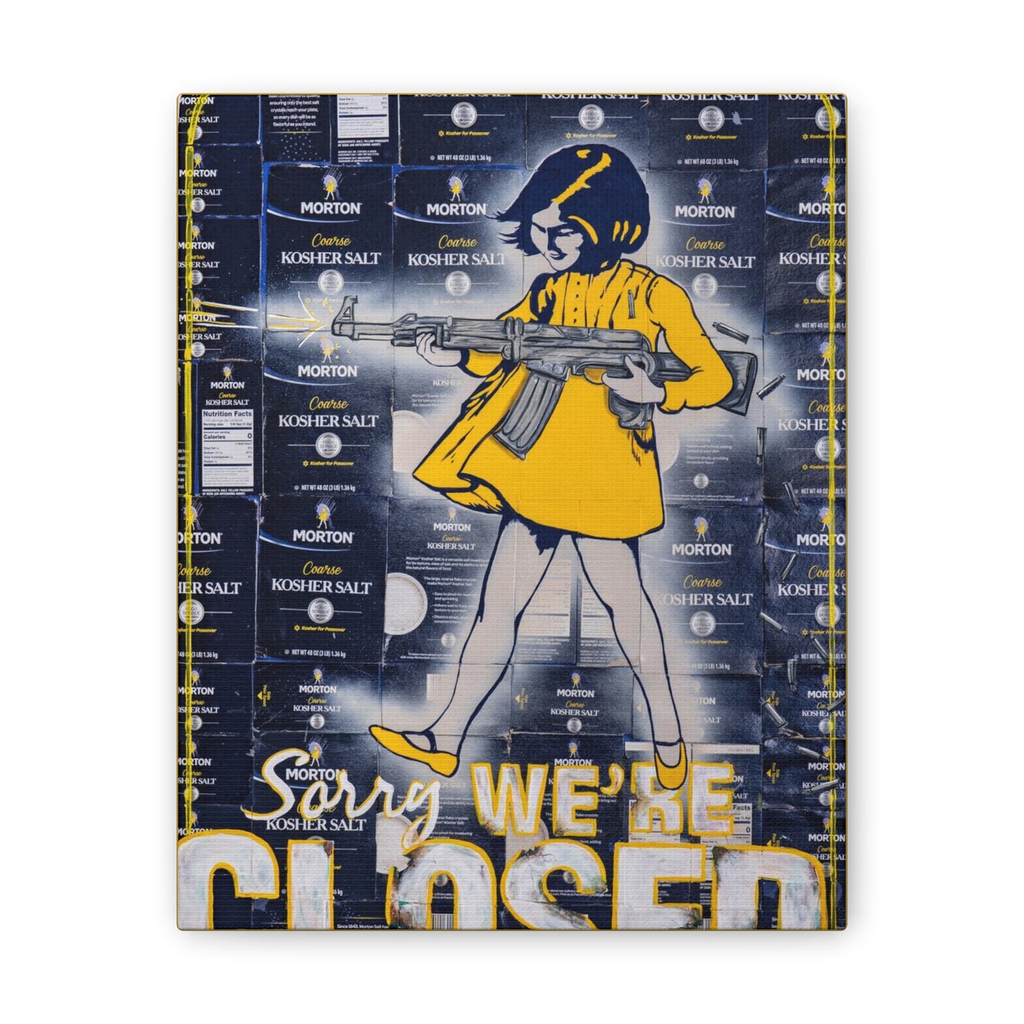 A canvas print depicts a girl in a yellow dress holding a rifle, with "Sorry We're Closed" text.