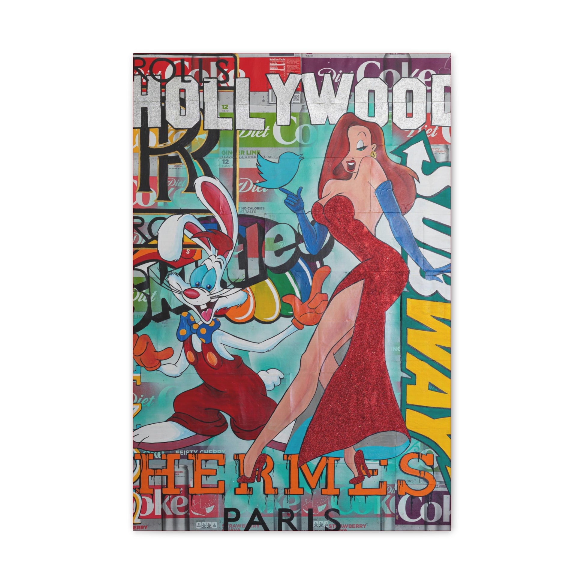 A canvas print features Roger and Jessica Rabbit over a collage of brand logos.