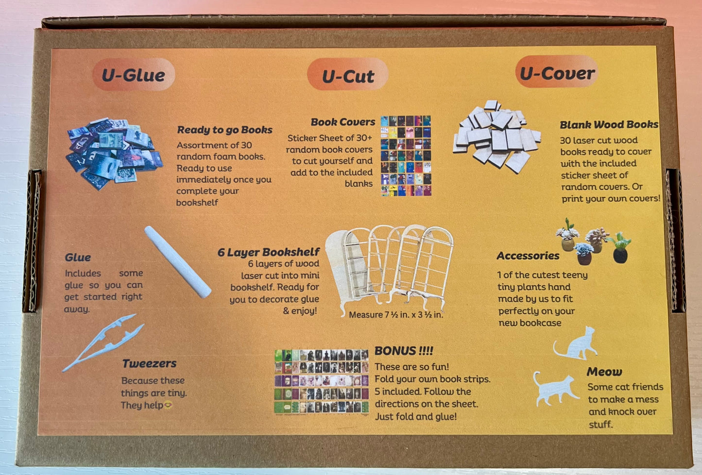 A DIY kit for a miniature bookshelf with books, glue, tweezers, and accessories.