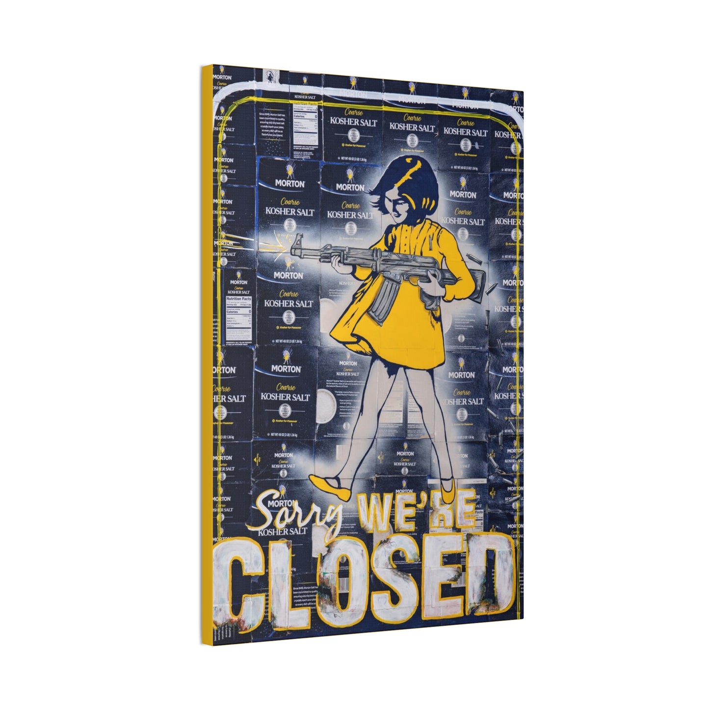 A canvas print features a woman in a yellow dress holding a rifle, with "Sorry, We're Closed" text.