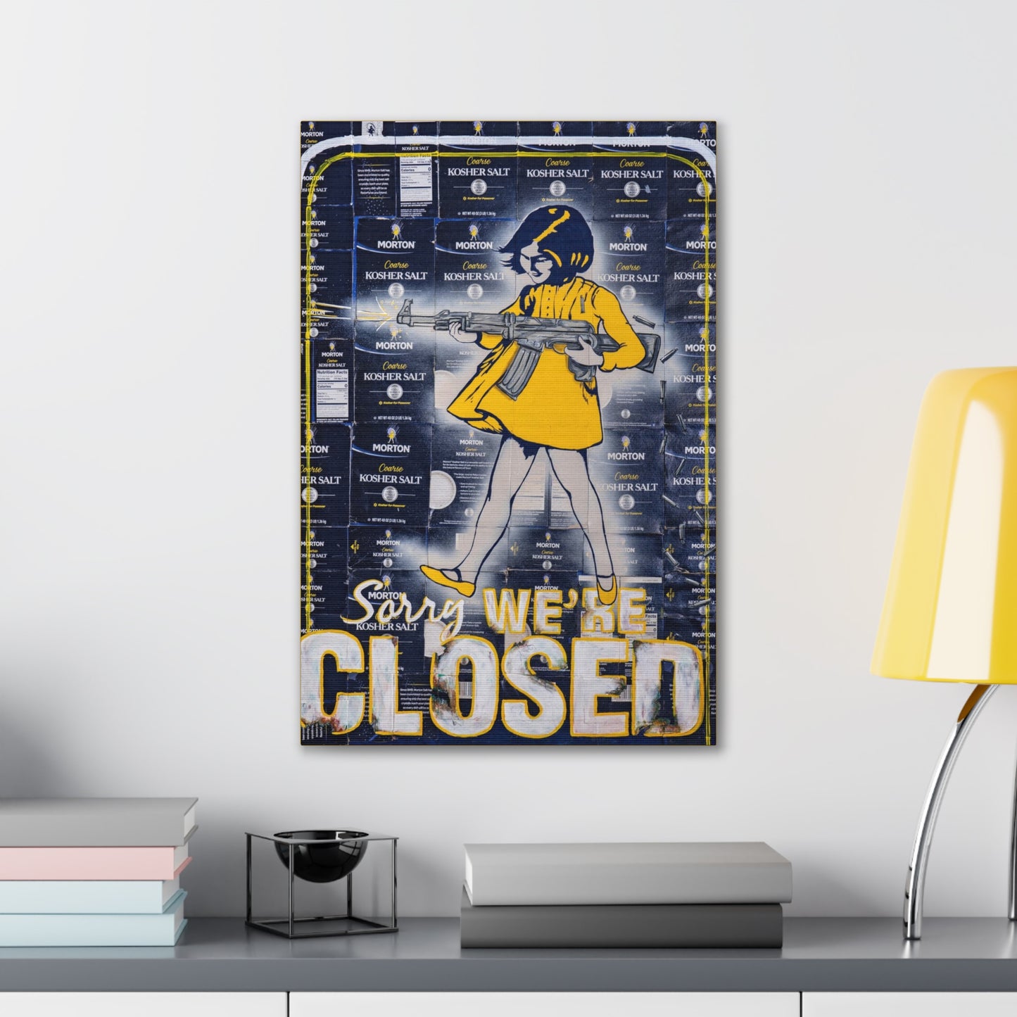 A canvas print featuring a girl with an assault rifle over a "Sorry, We're Closed" sign.